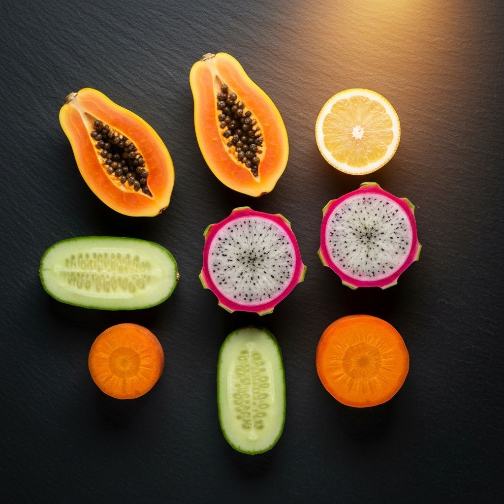 Cross-sectioned fruits showing internal structures